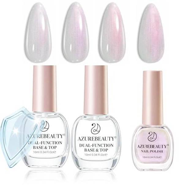 Azurebeauty Glitter Pearl Nail Polish&2-In-One Clear Base & Top Coat 2Pc Shine White Quick Dry Natural Lustrous Enamel For Diy Manicure & Pedicure