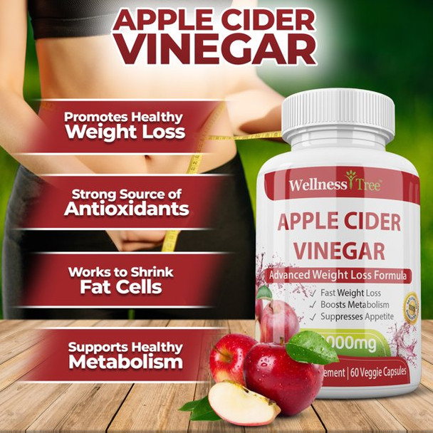 High Strength Raw Apple Cider Vinegar Capsules 3000mg Pure Weight Losss and Detox 60 caps USA