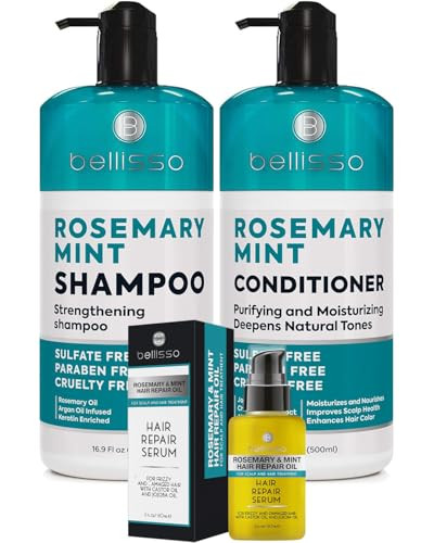 Bellisso Rosemary Oil And Mint Shampoo And Conditioner Set And Rosemary Mint Oil Hair Serum