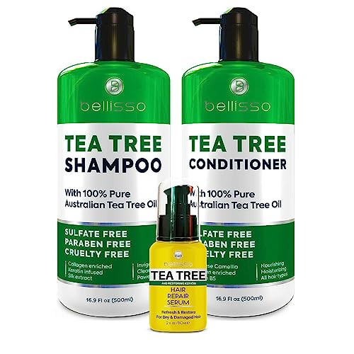 Bellisso Tea Tree Oil Shampoo Conditioner Set And Serum - Sulfate  Hydrating Soothing For Itchy Scalp Dry Hair Dandruff All Hair Types Fight Damage Color Treated - 3 Count