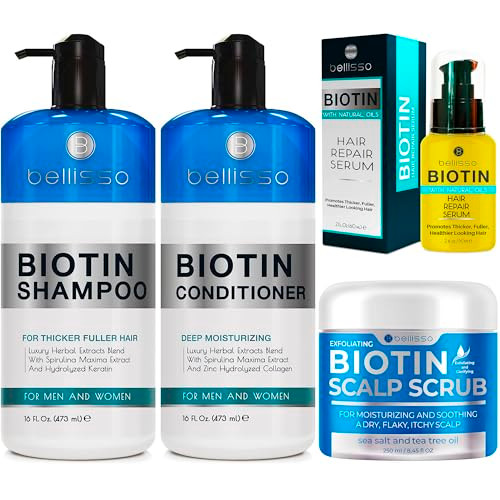 Bellisso Biotin Scalp Scrub Shampoo Conditioner & Hair Serum Set For Men & Women - Thickening Repairing Volumizing - Unscented - 42.45 Fl Oz