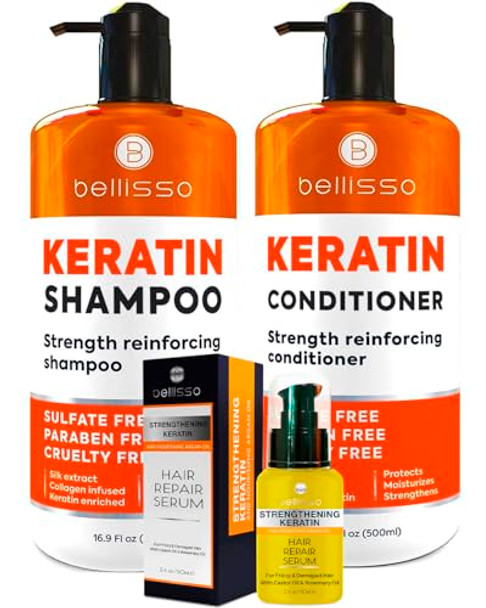 Bellisso Keratin Hair Serum And Keratin Enriched Shampoo And Keratin Conditioner