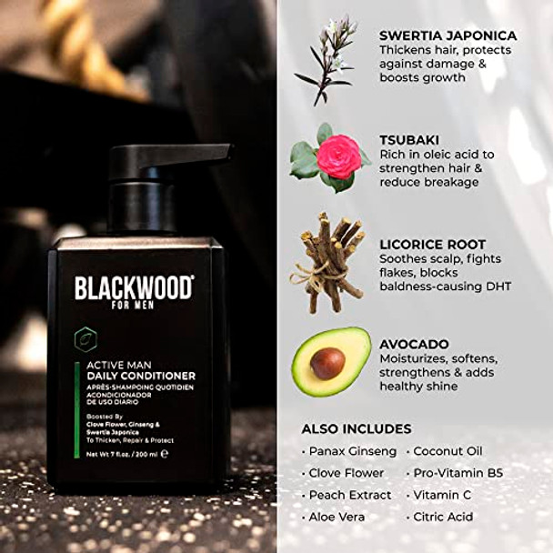 Blackwood For Men Active Man Daily Shampoo (7 Oz) Conditioner (7 Oz) & Pure Moisture Body Wash (7 Oz) Bundle - Men'S Thickening Formula For Hair Loss & Dandruff - Sulfate Paraben & Cruelty