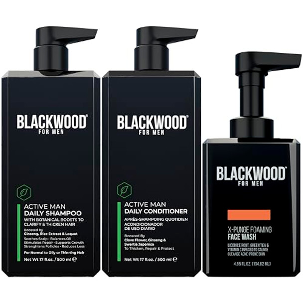 Blackwood For Men - Active Man Daily Conditioner (17 Oz) Thickening Shampoo (17 Oz) & X-Punge Foaming Face Wash (4.55 Oz) - Vegan Natural Hair Care To Combat Hair Loss & Dandruff. Sulfate- Par
