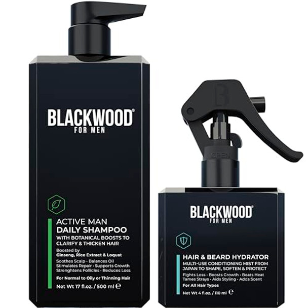 Blackwood For Men Active Man Daily Shampoo (17Oz) Bundled With Hair & Beard Hydrator Spray (4 Oz)