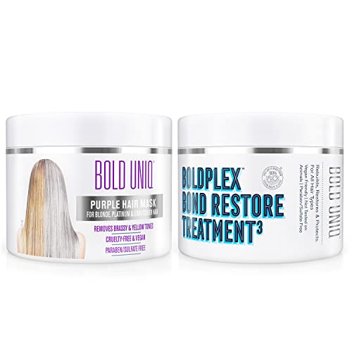 Bold Uniq Purple Hair Mask For Blonde Platinum Bleached Silver Gray Ash & Brassy Hair & Boldplex 3 Bond Restore Treatment - Remove Yellow Tones & Condition Dry Damaged Hair Cruelty  & Vegan