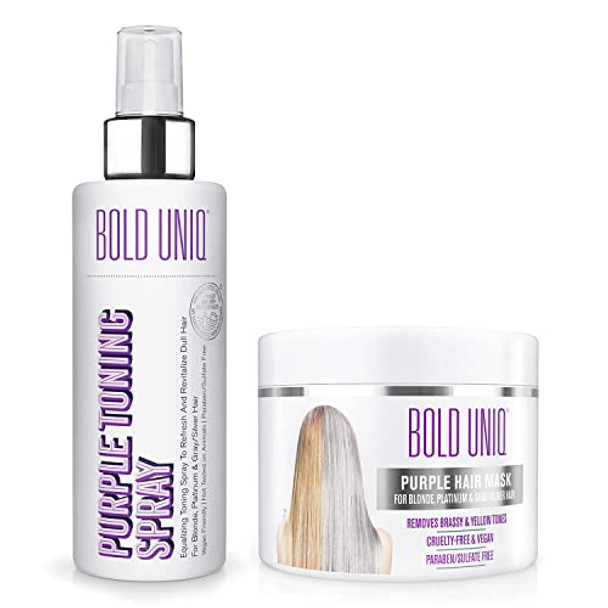 Bold Uniq Blonde Toner Spray & Purple Mask Bundle. Remove Brassy Yellow Tones In Blonde Platinum & Gray/Silver Hair. Paraben & Sulfate . Vegan & Cruelty .