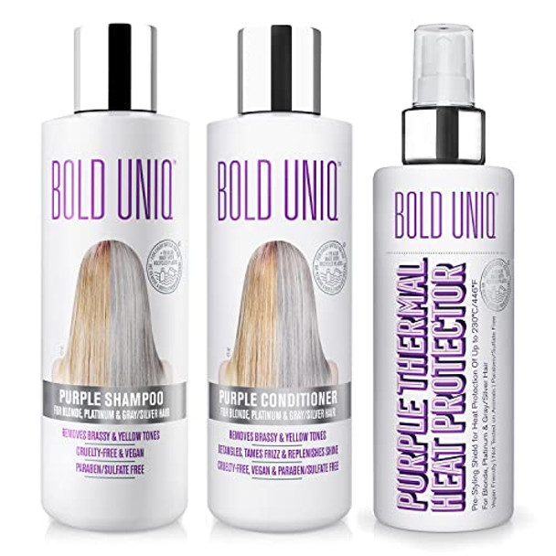 Bold Uniq Purple Shampoo Conditioner & Purple Heat Protectant Spray Bundle. Eliminate Brassy Yellow Tones. Thermal Shield Protection. Paraben & Sulfate . Vegan & Cruelty .