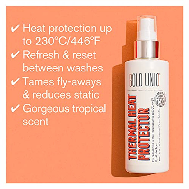 Bold Uniq Heat Protectant Spray For Hair & Purple Shampoo Conditioner & Mask Bundle - Thermal Protector Up To 450 ℉ - Eliminates Brassy Tones From Blonde Platinum Silver/Gray Hair