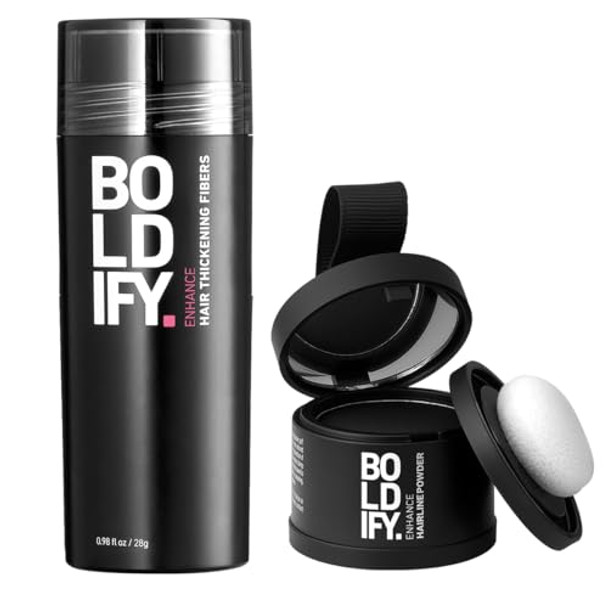 Boldify Hair Fiber + Hairline Powder: Build & Conceal Bundle - Undetectable Hair Thickener For Fine Hair Instant Stain-Proof Root Touchup Powder For Men & Women (Black)