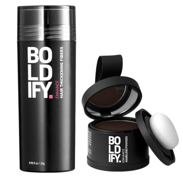 Boldify Hair Fiber + Hairline Powder: Build & Conceal Bundle - Undetectable Hair Thickener For Fine Hair Instant Stain-Proof Root Touchup Powder For Men & Women (Dark Brown)