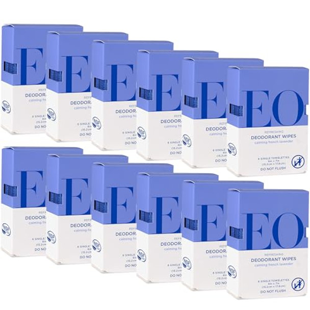 Eo Natural Deodorant Wipes 6 Wipes (Pack Of 12) French Lavender Organic Plant-Based With Pure Essential Oils