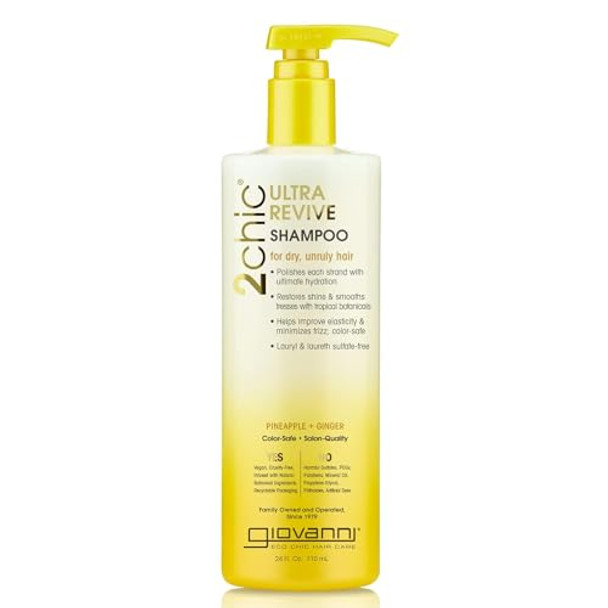 Giovanni 2Chic Ultra-Revive Shampoo - Pineapple & Ginger To Moisturize Dry Unruly Hair Coconut Guava Aloe Vera Pro-Vitamin B5 Lauryl & Laureth Sulfate  No Parabens Color Safe - 24 Oz