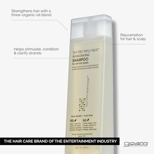 Giovanni Tea Tree Triple Treat Invigorating Shampoo - Cooling Peppermint Eucalyptus & Rosemary Helps Strengthen & Rejuvenate Hair & Scalp Salon Quality Paraben  - 8.5 Oz (1 Pack)
