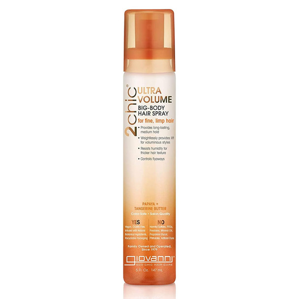 Giovanni 2Chic Ultra-Volume Big-Body Hair Spray - Daily Volumizing Formula With Papaya & Tangerine Butter Promotes Weightless Control For Fine Limp Thin Hair No Parabens Color Safe - 5 Fl Oz