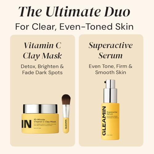 Gleamin Natural Skin Care Dark Spot Heroes Set - Mask + Serum Bundle: Includes Vitamin C Clay Mask & 15% Vitamin C Superactive Serum - Fades Dark Spots & Visible Brightens Smooths & Evens Skin Tone