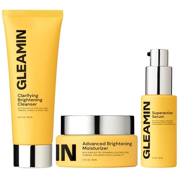 Gleamin Daily Brightening Ritual Set – Cleanser Serum & Moisturizer For Dark Spots Uneven Tone & Glowing Skin – Complete Vitamin C Skincare Routine