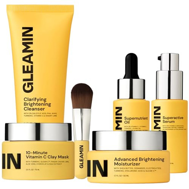 Gleamin Brightening Skincare Bundle – Mask Serum Cleanser Moisturizer & Oil For Dark Spots Uneven Tone And Glowing Skin – Complete Vitamin C Skincare Routine