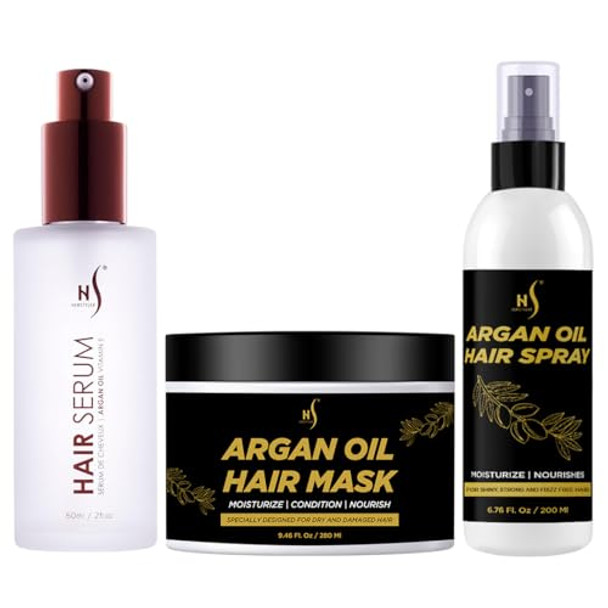 Herstyler Argan Oil Hair Serum 2 Fl Oz Argan Oil Hair Mask 9.46 Fl Oz Hair Shine Spray 6.76 Fl Oz - Hair Care Set Of 3