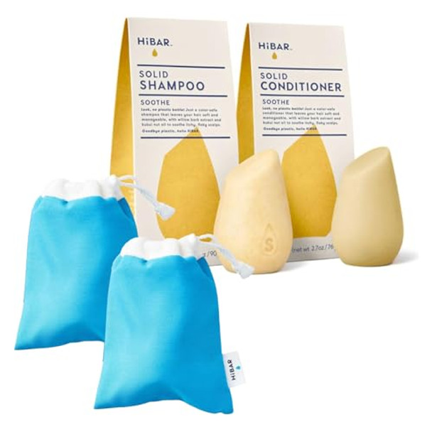 Hibar Bundle - Soothe Shampoo & Conditioner Set + Travel Pouch - For Dry Itchy Flaky Scalps - Willow Bark Extract & Salicylic Acid - Plastic Soap Paraben & Sulfate- -Color Safe -2 Solid Bars