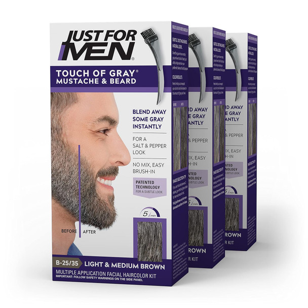 Just For Men Touch Of Gray Mustache & Beard Beard Coloring For Gray Hair With Brush Included For Easy Application Great For A Salt And Pepper Look - Light & Medium Brown B-45/55 Pack Of 3