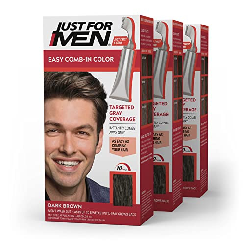 Just For Men Easy Comb-In Color Mens Hair Dye Easy No Mix Application With Comb Applicator - Dark Brown A-45 Pack Of 3 & Shampoo-In Color (Formerly Original Formula)
