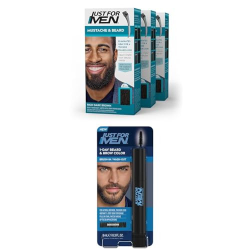 Just For Men Mustache & Beard + 1-Day Beard & Brow Color Bundle - Mustache & Beard Rich Dark Brown M-47 For Long-Lasting Color 1-Day Beard & Brow Color Dark Brown For Fuller Well-Defined Look