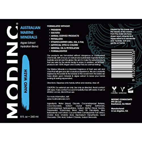 Modinc Luxury Hand Wash Australian Marine Minerals Formula Algae Extract Hydration Blend Vegan Cruelty  Pump 8 Ounces