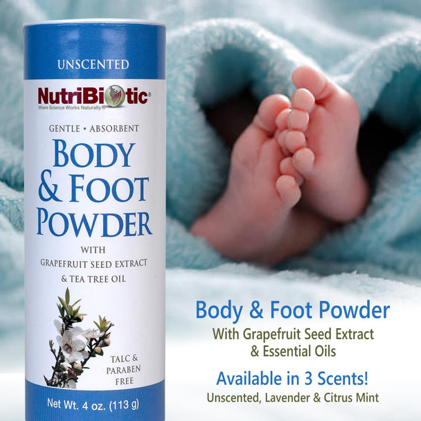 Nutribiotic – Body & Foot Powder Unscented 4 Oz  With Grapefruit Seed Extract & Tea Tree Oil  Vegan & Non-Gmo  Talc Paraben & Gluten   Gentle & Absorbent