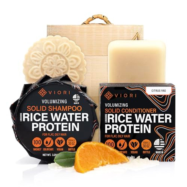 Viori Citrus Yao Shampoo And Conditioner Bar Set And Bamboo Holder - Made With Rice Water For Hair Growth - Handcrafted Sulfate  Shampoo And Conditioner