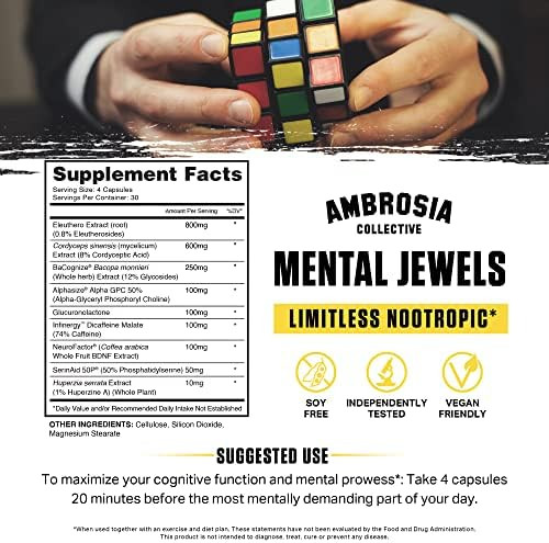 Ambrosia Mental Jewels (Capsules) - Cognitive Enhancer  Increase Memory Communication Skills Concentration & Focus  Alpha Gpc Choline Bacognize  120 Veggie Capsules (30 Day Supply)
