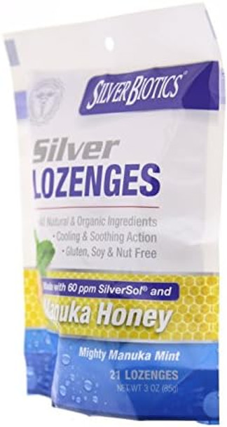 American Biotech Labs Silver Biotics Silver Lozenges W/60Ppm Silversol And Manuka Honey Mighty Manuka Mint (21 Count) (2 Pack)