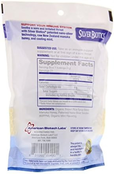 American Biotech Labs Silver Biotics Silver Lozenges W/60Ppm Silversol And Manuka Honey Mighty Manuka Mint (21 Count) (2 Pack)