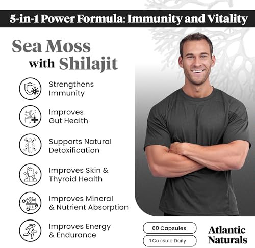 Atlantic Naturals Sea Moss Superfood Bundle - Sea Moss With Shilajit 5-In-1 Capsules & Sea Moss Powder With Ashwagandha Beet Root & Maca Root - Enhanced Vitality Skin & Athletic Support 60 Ct & 150G