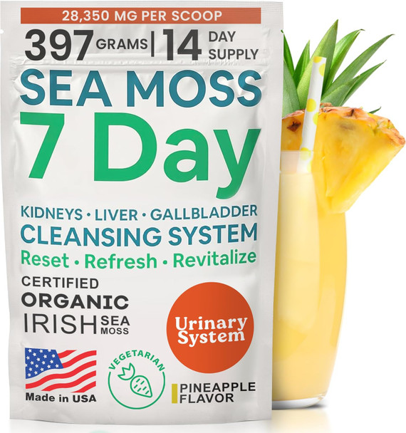 Atlantic Naturals Sea Moss 7 Day Detox Liver Gallbladder & Kidney Cleanse - Support With Dandelion Root Milk Thistle Burdock Root Red Clover Chanca Piedra - Pineapple Flavor Drink Mix (14 Oz)