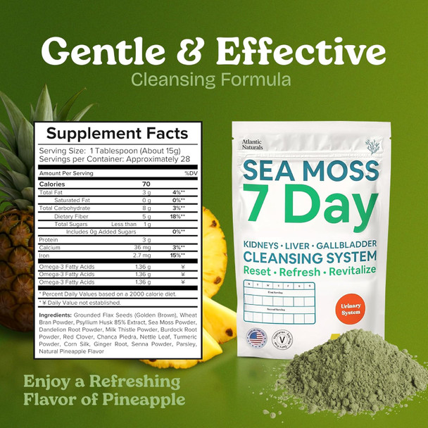 Atlantic Naturals Sea Moss 7 Day Detox Liver Gallbladder & Kidney Cleanse - Support With Dandelion Root Milk Thistle Burdock Root Red Clover Chanca Piedra - Pineapple Flavor Drink Mix (14 Oz)