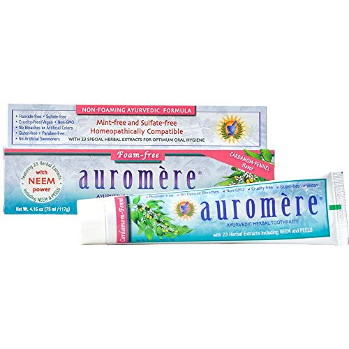 Auromere Ayurvedic Herbal Toothpaste Cardamom Fennel Foam  - Vegan Natural Non Gmo Sls  Fluoride  Gluten  With Neem & Peelu (4.16 Oz) (1 Pack)