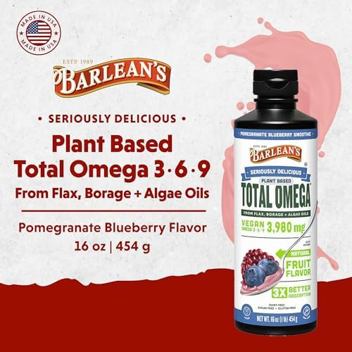 Barlean'S Liquid Flaxseed Borage And Algae Oils Omega 3 Supplement Pomegranate Blueberry Flavor Vegan Epa And Dha Flax And Borage Seed Oil With 3980 Mg Of Omega-3-6-9 16 Oz