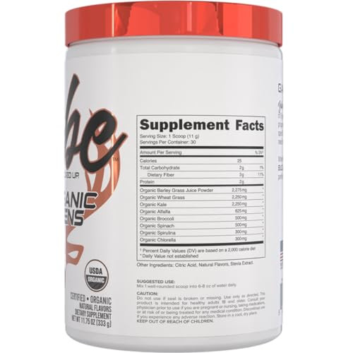 Bucked Up Greens Superfood Powder Orange Sunrise 8 Most Essential Mixed Greens  100% Organic  Chlorella Spinach Kale Spirulina Alfalfa Broccoli Wheat Grass & Barley Grass  30 Serv  11.75 Oz