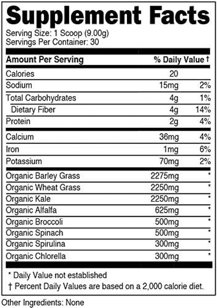 Bucked Up Greens Superfood Powder Unflavored  8 Most Essential Mixed Greens   100% Organic  Chlorella Spinach Kale Spirulina Alfalfa Broccoli Wheat Grass & Barley Grass  30 Serv  9.52 Oz