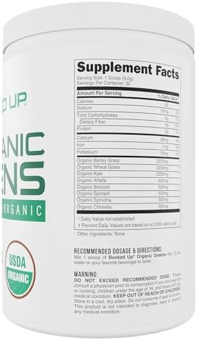 Bucked Up Greens Superfood Powder Unflavored  8 Most Essential Mixed Greens   100% Organic  Chlorella Spinach Kale Spirulina Alfalfa Broccoli Wheat Grass & Barley Grass  30 Serv  9.52 Oz