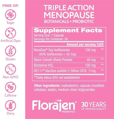 Florajen Triple-Action Menopause Probiotic - Hormonal Balance Hot Flash & Mood Swing Relief - Weight Management & Digestive Support - Featuring Berberine Black Cohosh & Botanical - 30 Capsules