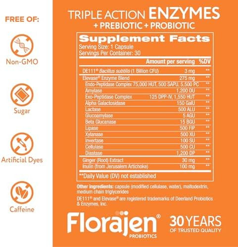 Florajen Digestive Enzymes With Probiotics & Prebiotics - Triple-Action Formula For Gut Health Bloating & Gas Relief - Supports Gluten & Dairy Digestion - Clean Non-Gmo - 30-Count