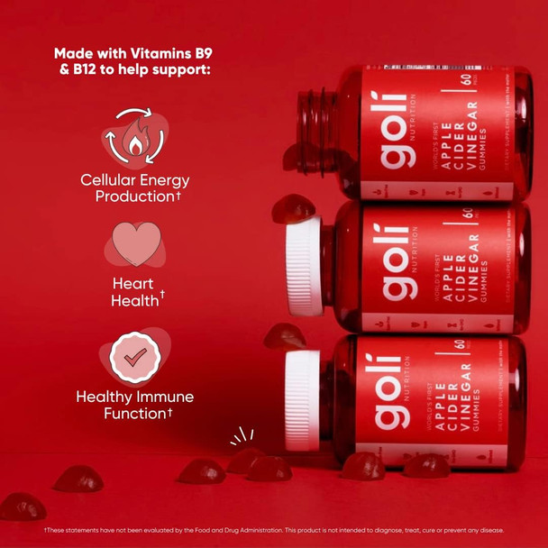 Goli Apple Cider Vinegar Gummy Vitamins - 60 Count - Vitamin B12 Gelatin- Gluten- Vegan & Non-Gmo