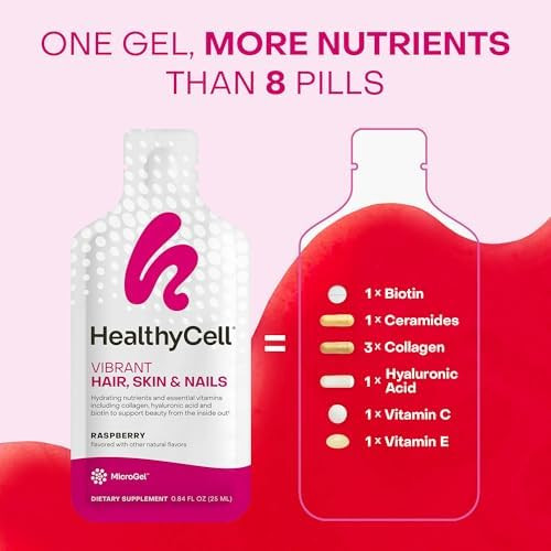 Healthycell Vibrant Hair Skin & Nails Daily Liquid Supplement - Beauty Supplements With Hydrating Nutrients & Essential Vitamins - Collagen Biotin & Hyaluronic Acid - 30 Gel Packs