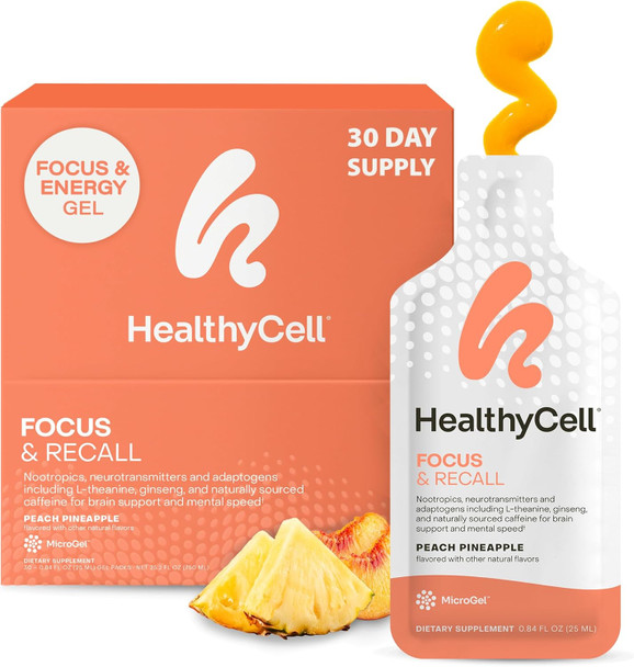 Healthycell Focus & Recall Daily Liquid Brain Supplement For Focus & Memory - Nootropics Supplement For Concentration & Alertness With L-Theanine Omega-3 & Taurine - 14 Gel Packs