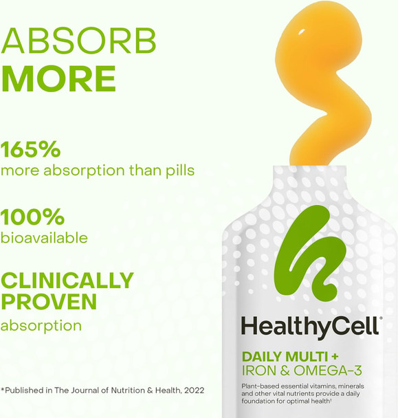 Healthycell Vegan Daily Multivitamin Liquid Supplement With Iron And Omega-3 25+ Essential Vitamins Minerals & Nutrients For Brain & Heart Health Immune Support & Energy - 30 Gel Packs