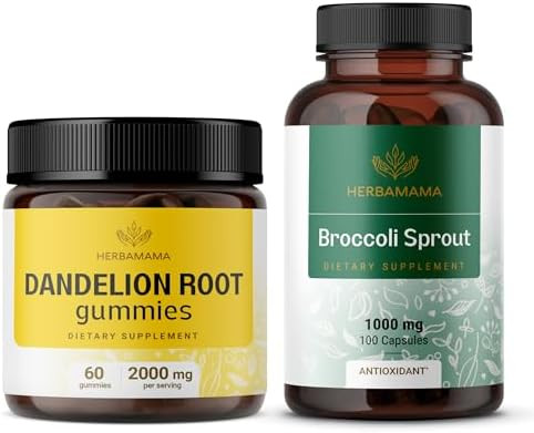 Herbamama Dandelion And Broccoli Kit - Bundle Of 2000 Mg Dandelion Root Gummies & 1000 Mg Broccoli Sprout Capsules - Vegan Non-Gmo Gelatin- - 2 Pack
