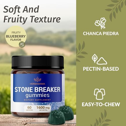 Herbamama Chanca Piedra Stone Breaker Gummies - 1600Mg Chanca Piedra For Urinary Tract Cleanse Detox - Vegan Non-Gmo Kidney Support Supplement - 60 Pectin-Based Blueberry-Flavored Chews