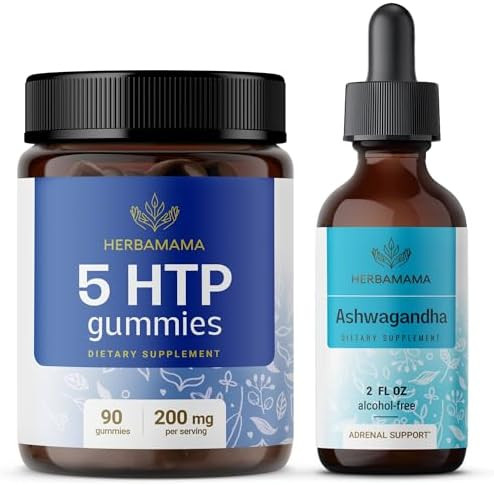 Herbamama 5-Htp And Ashwagandha Kit - Bundle Of 200 Mg 5-Hydroxytryptophan Gummies & Ashwagandha Liquid Drops 2 Fl Oz - Vegan Non-Gmo Alcohol & Gelatin- - 2 Pack